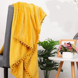 Flannel Fleece Blanket with Pompom Fringe Soft Microfiber Sofa Throw Fuzzy Plush Lightweight Gift Decorative Blanket Yellow Grey