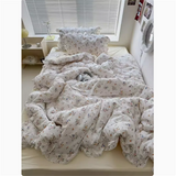 Cute Princess Fashion Lattice Bedding Set Bed Sheet AB Double Sided Ruffle Flower Quilt Cover Pillowcase Bedclothes Home Textile