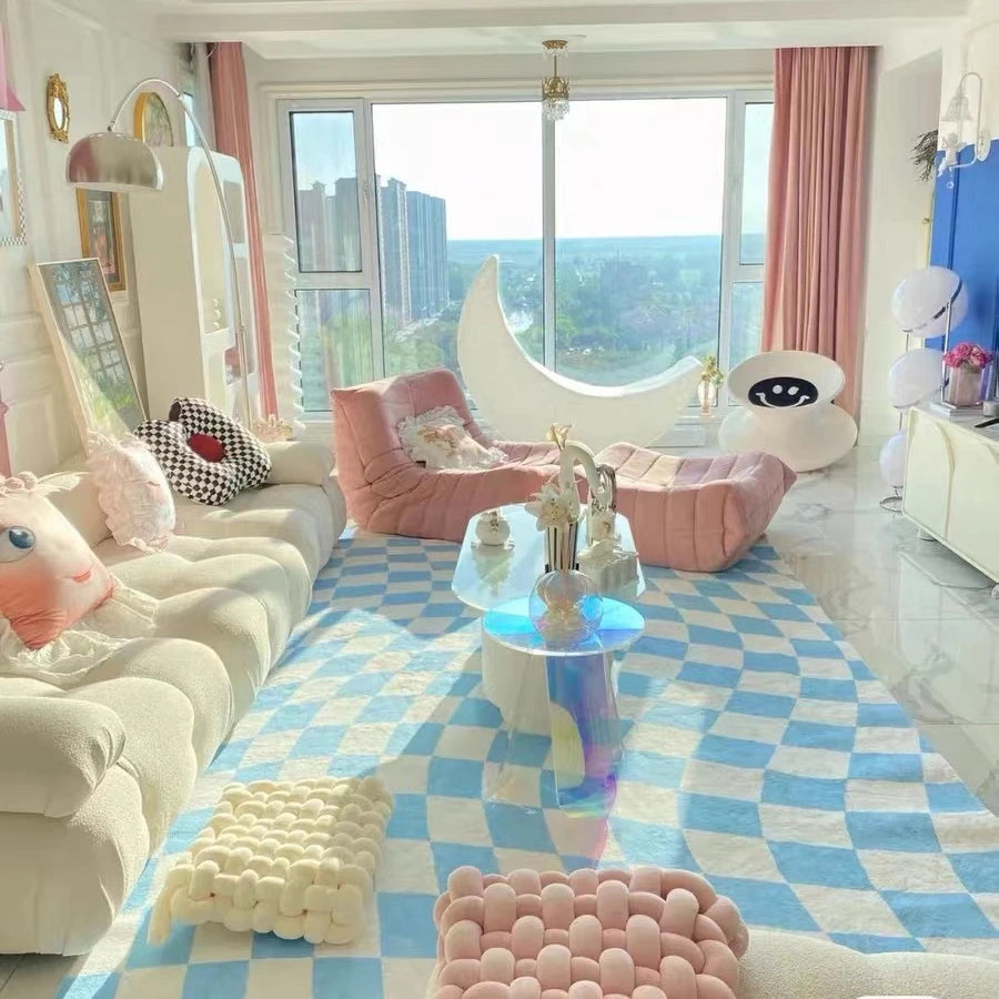 Checkerboard Carpets for Living Room Girl Ins Style Bedroom Bedside Carpet Large Area Lattice Floor Mat Fluffy Soft Lounge Rug