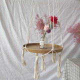 Boho Macrame Hanging Plant Support Wood Shelf Plate Handmade Korean Nordic Home Bedroom Decor Bed Side Small Stuff Organizer