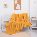 Flannel Fleece Blanket with Pompom Fringe Soft Microfiber Sofa Throw Fuzzy Plush Lightweight Gift Decorative Blanket Yellow Grey