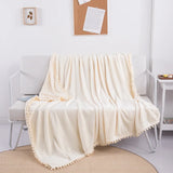 Flannel Fleece Blanket with Pompom Fringe Soft Microfiber Sofa Throw Fuzzy Plush Lightweight Gift Decorative Blanket Yellow Grey