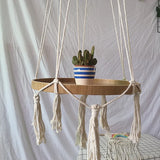 Boho Macrame Hanging Plant Support Wood Shelf Plate Handmade Korean Nordic Home Bedroom Decor Bed Side Small Stuff Organizer
