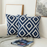 Home Decor Embroidered Cushion Cover Navy Blue/White Geometric Floral Canvas Cotton Embroidery Pillow Cover 45x45cm