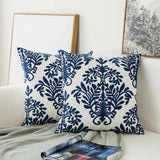 Home Decor Embroidered Cushion Cover Navy Blue/White Geometric Floral Canvas Cotton Embroidery Pillow Cover 45x45cm