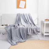 Flannel Fleece Blanket with Pompom Fringe Soft Microfiber Sofa Throw Fuzzy Plush Lightweight Gift Decorative Blanket Yellow Grey