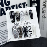 Black Coffin Handmade Press on False Nails Dark Style Irregular Pattern fake nails with Silver Lines Full Cover Acrylic Nail Tip