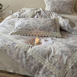Natural Cotton Linen Butterfly Flowers Prints Lace Bedding Set Queen King Size Duvet Cover Flat/Fitted Sheet Pillowcases 4Pcs