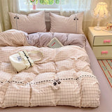 New Class A Kapok Double Yarn Plaid Lace Four-piece Set Sheet Quilt Cover Student Dormitory Bedding Kit