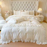 White Pink Princess Wedding Bedding Set 100% Cotton Double Layer Lace Ruffles Duvet Cover Flat/Fitted Bed Sheet Pillowcases 4Pcs