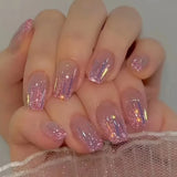 24pcs Blue Mid-length Square Fake Nails Finished Glitter Sequin French False Nail Set Wearable Rhinestones Design Press on Nails