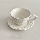 French Relief Coffee Cup Dish Set Exquisite Household Ceramic Drinking Cups With Handle White Round Plates 2Pcs Drinkware Suit
