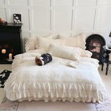 Vintage French Style Lace Ruffles Carved Velvet Wedding Bedding Set Duvet Cover Set Bed Sheet Fitted Sheet Bed Skirt Pillowcases