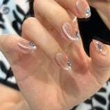 10Ppcs Minimalist French Stick on Nails Gradient Crystal Cat Eye Fake Nails Nude Rhinestone False Nail Short Oval Press on Nails