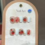 10Pcs Pink Cute Handmade Press on Nails Full Cover Bear Rhinestone Summer French Short False Nails Wearable Manicure Nail Tips