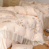 Rose Flowers Embroidery Lace Ruffles Bedding Set Lyocell Cotton Soft Silky Cooling Duvet Cover Flat/Fitted Bed Sheet Pillowcases