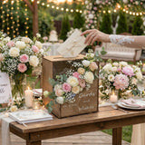 OurWarm Wedding Card Box with Rustic Flower Trough & Acrylic Board, Natural Brown Wooden Card Boxes for Wedding Reception