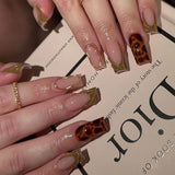 Mid-length Square False Nails French Leopard Print Long Ballet Fake Nail Full Cover Press on Nails Pearl Design Acrylic Nail Tip