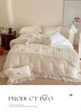 Korean Princess Style Lace Ruffles Wedding Bedding Set Soft Rose Flowers Four-Piece Set Duvet Cover Bed Sheet Pillowcase 4Pcs