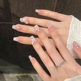 Handmade Press On Nails With Flash Diamond Butterfly Decor 10pcs French Pink Cat's Eye Fake Glitter Nails Almond Ballet Nail Art