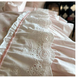 Pink Floral Double Layer Lace Ruffles 100% Cotton Bedding Set Duvet Cover Set Bed Sheet/Bed Skirt/Fitted Sheet Pillowcases 4Pcs
