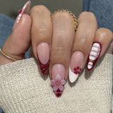 24pcs Love Bow False Nails Sets Cherry Strawberry Short Almond Full Cover Nail Tips Colorful Fake Nail Playing Cards Manicure