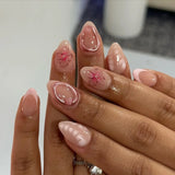 24pcs Finished False Nails Press on Ins Pink Long Almond Nails Tips with Flower Pearl Design Fake Nail Wearable Manicure Sets