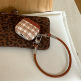 Korea lovely brown plaid soft silicone protection case with leather lanyard fall prevention for airpods 1 2 3 4 pro 2 4nd cover
