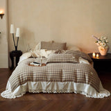 Korean Style Colorful Plaid Princess Bedding Set, 100% Cotton Yarn-Dyed Lace Duvet Cover Bed Sheet/Fitted Sheet Pillowcases 4Pcs