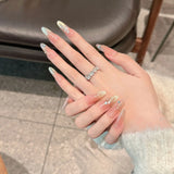 10Pcs Handmade Press on Nails Full Cover Glitter Gold Cat Eye Rhinestone Leaf French Ballet Almond Fake Nails Wearable Manicure