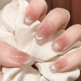 24Pcs Nude Pink Nail Tips Short Round Head False Nails with Design Wearable Finished Fake Nails Full Cover Press on Nails