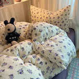 Bedding Set Double Layered Yarn INS Girls Mushroom Soft Washed Cotton Bed Sheet Queen King Size Duvet Set Pillowcase Bed Sheet