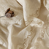 Cotton and Linen Vintage Hollow Lace Edge Bedding Set Queen King Size Duvet Cover Set Flat/Fitted Bed Sheet Pillowcases 4Pcs