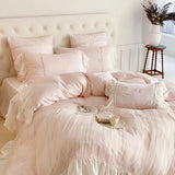 Pink Romantic Lace Princess Wedding Bedding Set Lyocell Bamboo Fiber Soft Silky Duvet Cover Flat/Fitted Bed Sheet Pillowcases