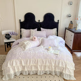 4Pcs French Vintage Princess Style Embroidered Chiffon Lace Ruffle Luxury Bedding Set Queen Size Quilt Cover 200X230