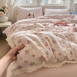 Korean Style Girly Heart Floral Double Layer Gauze Four-Piece Set Princess Style Lace Trim Quilt Cover Bed Sheet Dormitory