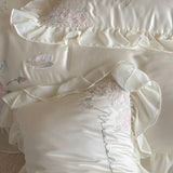 Flowers Embroidery Lace Ruffles Wedding Bedding Set Lyocell Silky Cooling Duvet Cover Set Flat/Fitted Bed Sheet Pillowcases 4Pcs