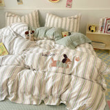 Cute Cartoon Embroidery Stripe Bedding Set Washed Cotton Soft Four Piece Sets Pillowcase Duvet Cover Set 200x230cm Home Textiles