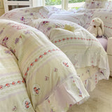 Flower Skin-friendly Washed Cotton Bedding Set Duvet Cover Set Korean Lace Ruffles Quilt Cover Soft Cover Bed Linen Pillowcases