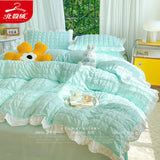 Luxury Seersucker Washed Cotton Bedding Set INS Girls Princess Bedding Set with Lace Solid color Bedclothes Sheets Pillowcase