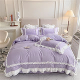 Elegant Lace Bedding Sets Luxury Bed Linen Korean Princess Style Washed Cotton Ruffle Duvet Cover Bed Sheet Pillowcases for Girl