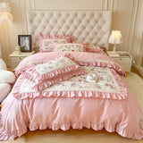 Egyptian Cotton Flowers Printng Bedding Set Luxury Pink Princess Lace Quilt Pillowcases Home Textile