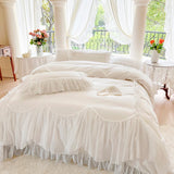 4/6Pcs White Pink Sweet Princess Wedding Bedding Sets Luxury Chiffon Lace Ruffle Duvet Cover Set Bedspread Bed Skirt Pillowcases
