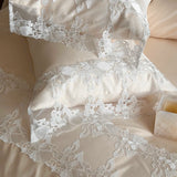 Romantic White Flowers Lace Princess Wedding Bedding Set 100S Egyptian Cotton Duvet Cover Flat/Fitted Bed Sheet Pillowcases 4Pcs