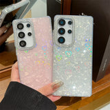 Luxury Glitter Rhinestone Camera Border Laser Love Heart Shell Pattern Phone Case For Samsung Galaxy S25 S24 FE Ultra Plus Cover