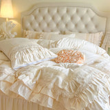 Vintage French Hollow Lace Ruffles 100% Cotton Princess Wedding Bedding Set Duvet Cover Set Bed Skirt Bedspread Pillowcases 4Pcs
