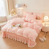 Korean Luxury Lace Ruffles Bedding Set Skin-Friendly Washed Cotton Princess Style Duvet Cover Bed Sheet Pillowcase Home Textiles