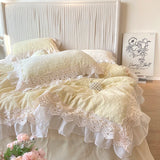 4Pcs Vintage Carved Velvet Lace Ruffles Princess Wedding Bedding Set Queen King Duvet Cover Set Fitted/Flat Sheet Pillowcases