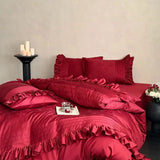 4Pcs Vintage Rose Jacquard Egyptian Cotton Ruffles Bedding Set Queen King Size Duvet Cover Bed Sheet/Fitted Sheet Pillowcases
