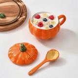 Ceramic Halloween Cartoon Pumpkin Mug Under-glaze Painting Anti-scalding Handle Breakfast Oatmeal Cup Orange with Spoon and Lid